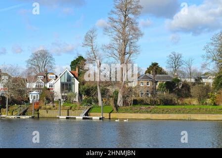 Exklusive Häuser am Fluss an der Themse in Twickenham an einem sonnigen Wintertag, Bezirk Richmond West London England Stockfoto