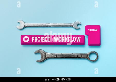 Textschild mit Projektworkflow, Word für eine Reihe von Schritten, die zum Abschließen von Aufgaben erforderlich sind Erstellen eines neuen Textverarbeitungsprogramms, Korrigieren von Comp Stockfoto