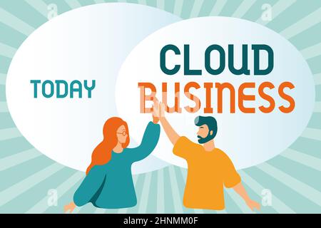 Inspiration zeigt Zeichen Cloud Business, Internet Concept Computing, das auf gemeinsam genutzten Computing-Ressourcen beruht Glückliche Kollegen Illustration Giving Hig Stockfoto