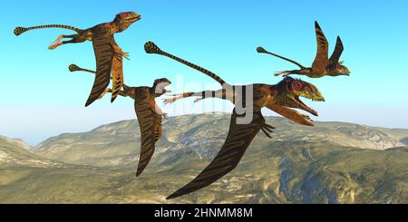 Eine Schar von Peteinosaurus-Reptilien fliegt während der Trias-Zeit Italiens über eine bergige Landschaft. Stockfoto