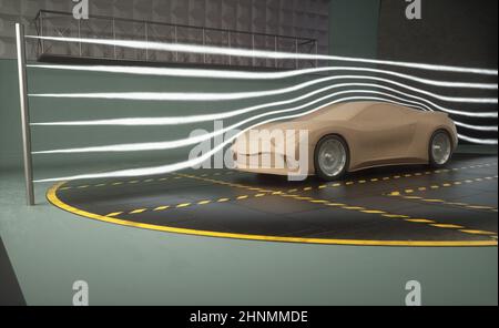 3D-Illustration eines imaginären Sportwagens. Konzeptioneller Prototyp im aerodynamischen Tunnel. Stockfoto