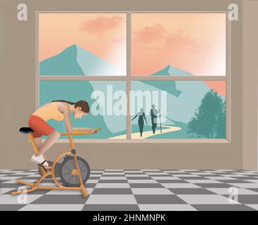 Eine Frau fährt mit einem stationären Fahrrad, während Wanderer vor ihrem Fenster auf einem Bergwanderweg in einer 3-d-Illustration trainieren. Stockfoto