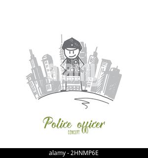 Polizeibeamter Konzept. Handgezogener Polizeibeamter, der vor den Gebäuden der Stadt steht. Polizist in Uniform isoliert Vektor-Illustration. Stockfoto