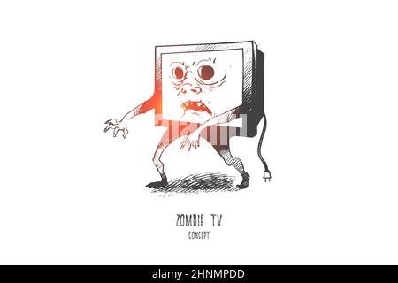 Zombie-TV-Konzept. Handgezeichnete Medien Zombie Person mit tv-Set statt Kopf. Mann mit Fernsehkopf isoliert Vektor-Illustration. Stockfoto