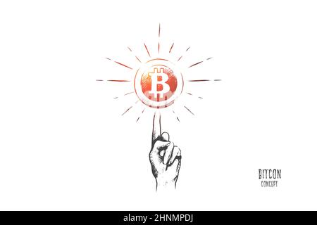 Bitcoin-Konzept. Handgezeichnete Kryptowährung Bitcoin Coin - elektronisches virtuelles Geld für Web-Banking. Symbol des digitalen Geldes isoliert Vektor illustrati Stockfoto