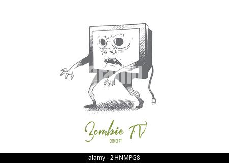 Zombie-TV-Konzept. Handgezeichnete Medien Zombie Person mit tv-Set statt Kopf. Mann mit Fernsehkopf isoliert Vektor-Illustration. Stockfoto