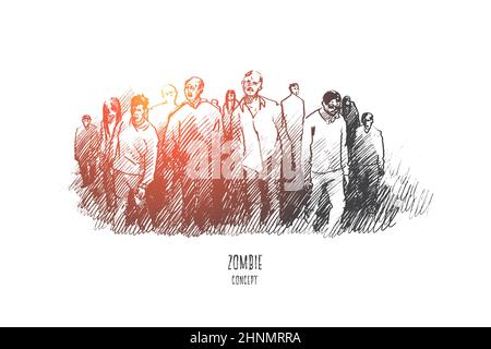 Zombie-Konzept. Handgezeichneter Zombie, der herauskommt. Gruppe von Monstern, Horror-Stimmung isoliert Vektor-Illustration. Stockfoto