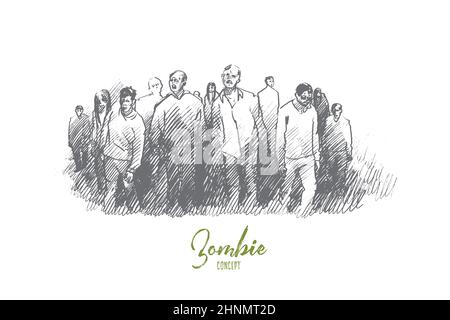Zombie-Konzept. Handgezeichneter Zombie, der herauskommt. Gruppe von Monstern, Horror-Stimmung isoliert Vektor-Illustration. Stockfoto