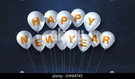 Weiße, fröhliche Ballons zum neuen Jahr auf schwarzem Beton-Hintergrund. Horizontales Banner Stockfoto