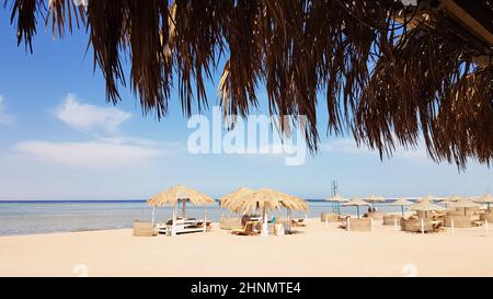 Ein wunderschöner tropischer Strand mit Strohschirmen am Ufer des Roten Meeres in Sharm El Sheikh. Sommerlandschaft schöner sonniger Strand in Ägypten. Das Konzept von Urlaub, Reisen, Urlaub Stockfoto