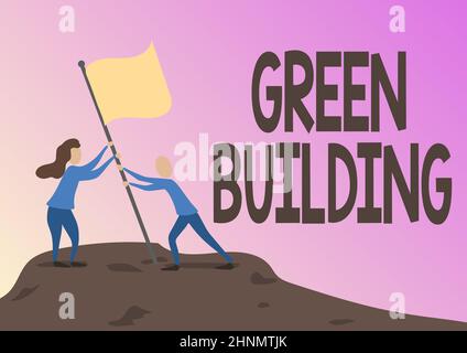 Konzeptdarstellung Green Building, Geschäftskonzept Eine Struktur, die umweltbewusst ist nachhaltig Mann und Frau zeichnen Standing Setting Stockfoto