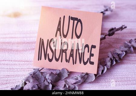 Inspiration mit Schild Auto Insurance, Business Overview Schutz vor finanziellen Verlusten bei Unfall Stück Blank Square Note umgeben Stockfoto