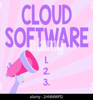 Textunterschrift mit Cloud-Software, Schaufenster für Unternehmen Programme zur Speicherung von Zugriffsdaten über das Internet Illustration von Hand Holding Megap Stockfoto