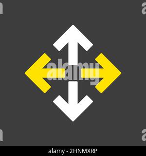 Vier Pfeile, die vom mittleren Vektor-Glyphen-Symbol auf dunklem Hintergrund zeigen. Navigationsschild. Graph-Symbol für Reise- und Tourismus-Website und Apps, UI Stockfoto