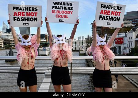 London, Großbritannien. PETA-Aktivisten mit Vogelmasken und mit „blutigen und gerupften Truhen“ protestierten bei der London Fashion Week, Millenium Bridge, London, gegen den Einsatz von Federn. Stockfoto