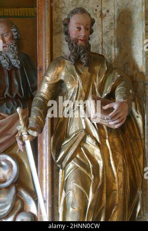 St. Paul, Statue auf dem Altar der Heiligen Dreifaltigkeit in der Pfarrkirche Heimsuchung der Jungfrau Maria in Vinagora, Kroatien Stockfoto