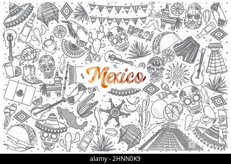 Handgezeichneter Mexiko-Doodle-Hintergrund mit orangefarbenem Schriftzug in Stockfoto