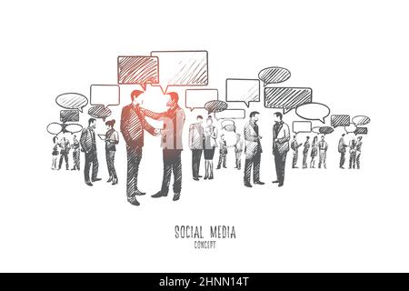 Social-Media-Konzept. Handgezeichnete Gruppe von Menschen kommunizieren über das Internet. Vielfalt Menschen mit Hilfe von digitalen Geräten isoliert verbunden ve Stockfoto