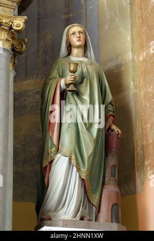 Heilige Barbara, Statue auf dem Altar der Heiligen Fabian und Sebastian in der Kirche Mariä Himmelfahrt in Zlatar, Kroatien Stockfoto