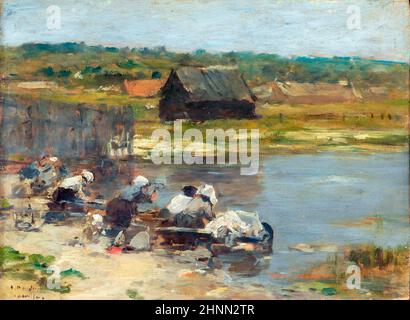 Wascherinnen am Rande des Teiches von Eugène Boudin (1824-1898), Öl auf Tafel, 1880/85 Stockfoto