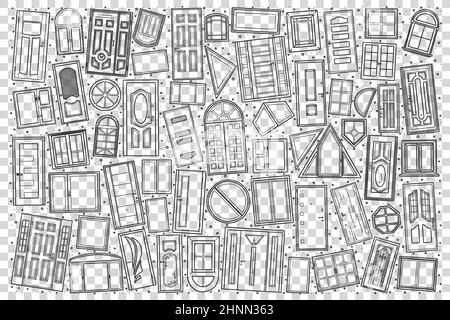 Fenster und Türen Doodle Set. Sammlung von und gezeichneten Skizzen Vorlagen Muster unterschiedlicher Größe Fensterrahmen und Eingänge von Gebäuden auf transp Stockfoto