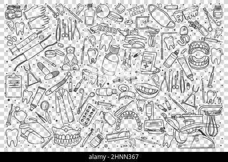 Stomatologie-Doodle-Set. Sammlung von handgezeichneten Skizzen Vorlagen Muster von stomatologischen Geräten zahnärztliche Instrumente medizinische Werkzeuge auf transpare Stockfoto