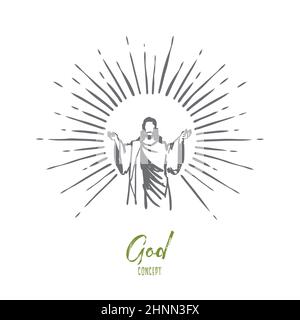 Gott, Jesus christus, Gnade, gut, Aufstiegskonzept. Handgezeichnete Silhouette von Jesus christus, dem Sohn gottes Konzept Skizze. Isolierte Vektordarstellung. Stockfoto