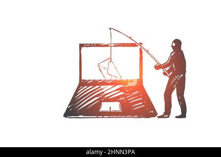 DLP, Spionage, Virus, Penetration, Gefahren Konzept. Hand gezogener Hacker bricht Mail auf der Computer-Konzept-Skizze. Isolierte Vektordarstellung. Stockfoto