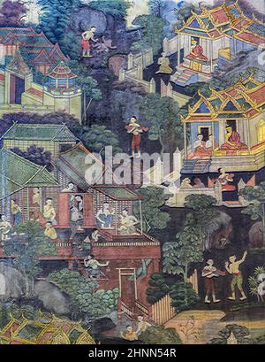 Alte Thai Buddisht Wandgemälde auf Tempelwand Stockfoto