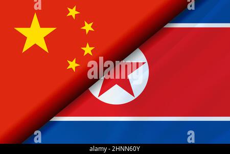 Die Flaggen Chinas und Nordkoreas teilten sich diagonal. 3D-Rendering Stockfoto
