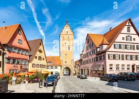 Romantisches Dinkelsbühl, Stadt der späten Mittelalter und Fachwerkhäuser in Deutschland. Stockfoto