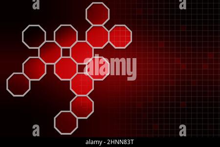 Sechseckige Strukturen in rotem Hintergrund, 3D-Rendering Stockfoto
