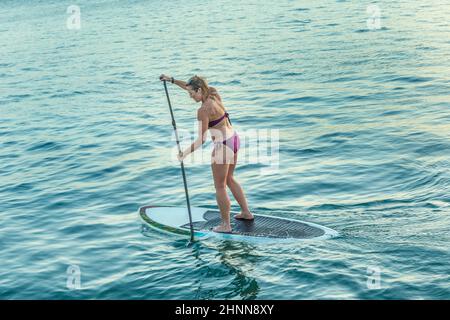 Frau genießt Stand Up Paddle Surfen in Key West Stockfoto