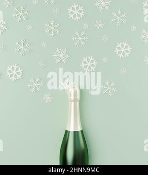 Frohe Weihnachten und ein glückliches neues Jahr, Champagnerflasche mit weißen Schneeflocken auf grünem pastellfarbenem Hintergrund, Minimal dekorierte Weihnachten, Winterschneeparty Stockfoto