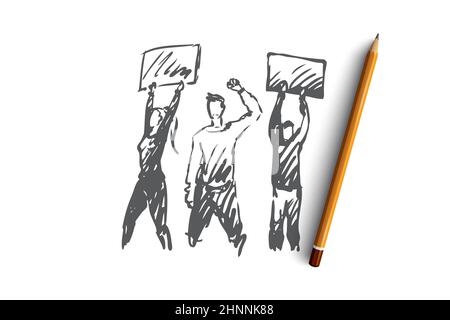 Demonstration, Unruhen, Rallyes Vektor-Konzept. Menschen mit Schildern in den Händen, die an der Kundgebung teilnehmen. Von Hand gezeichnete Skizze isolierte Illustration Stockfoto