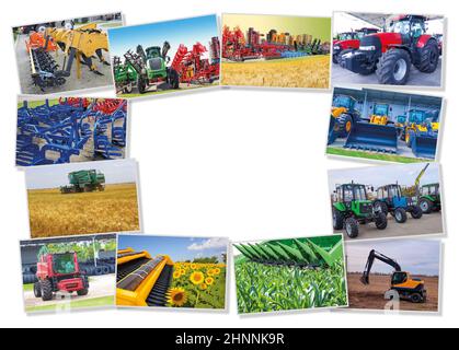 Collage über Bauernhof, Landwirtschaft, Landwirtschaft. Konzept der Betriebsmittelbereitschaft für landwirtschaftliche Arbeiten - für die Aussaat und Ernte von Weizen Stockfoto