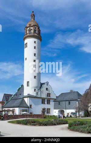 Bergfried des alten Schlosses Hoechst in Frankfurt Stockfoto