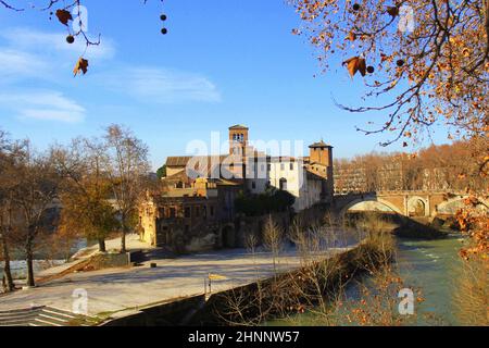 Tiberinsel (Isola Tiberina) auf dem Tiber in Rom, Italien im Herbst Stockfoto