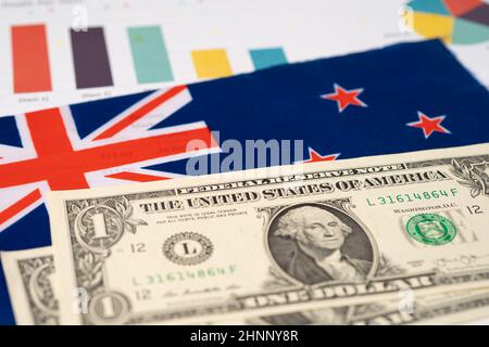 Neuseeländische Flagge auf Dollar-Banknoten; Geschäfts- und Finanzkonzept. Stockfoto