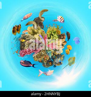 Unterwasserparadies Hintergrund Coral Reef wildlife Art Collage mit shark Manta Ray Sea turtle bunte Fische Hintergrund Stockfoto