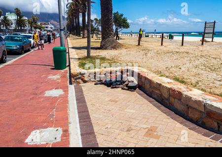 Armer Obdachloser schläft in Südafrika auf der Straße. Stockfoto