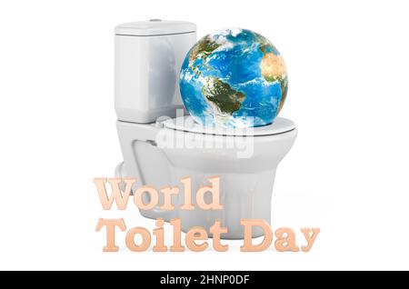 World Toilet Day Konzept. Toilettenschüssel mit Earth Globe, 3D Rendering isoliert auf weißem Hintergrund Stockfoto