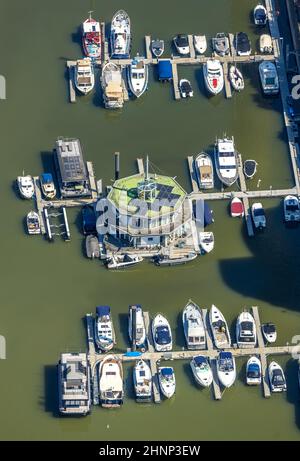 Luftaufnahme, Marina Düsseldorf Yachthafen im Medienhafen Düsseldorf, Rheinland, Nordrhein-Westfalen, Deutschland, DE, Düsseldorf, Europa, Harb Stockfoto