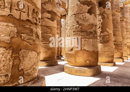 Säulen schmücken den alten Karnak-Tempel von Luxor, Ägypten Stockfoto