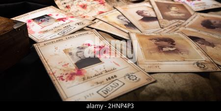 Jack the Ripper Victims, Scotland Yard, 1888. Der Mörder ermordete 12 Frauen. Bilder mit Blut - ein dunkles Verbrechen aus der viktorianischen Zeit. Stockfoto