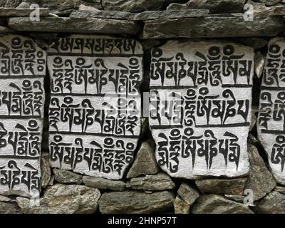 Mani-Wand, buddhistisches Mantra in Stein gemeißelt, Nepal. Stockfoto