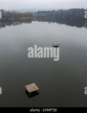 Vertikale Aufnahme eines ruhigen Sees umgeben von Bäumen Stockfoto
