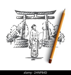 Japan, Land, Sakura, traditionell, Asien Konzept. Handgezeichnete japanische Architektur, Frau im traditionellen Kleid Konzept Skizze. Isolierte Vektorillust Stockfoto