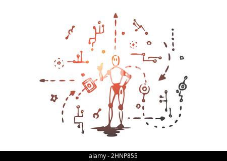 Schema, Maschine, Roboter, Technologie, android-Konzept. Handgezeichnete elektronische Maschine und android Schema Konzept Skizze. Isolierte Vektordarstellung. Stockfoto