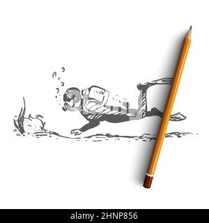 Tauchen, Tauchen, Unterwasser, Sport, Meereskonzept. Handgezeichneter Mann Tauchen mit Ausrüstung Unterwasser Konzept Skizze. Isolierte Vektordarstellung. Stockfoto